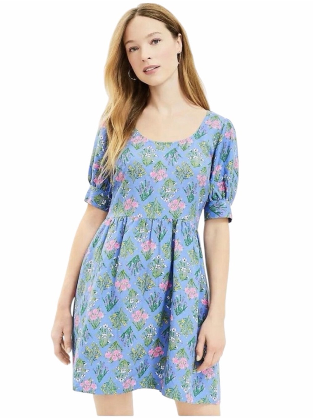 NWT LOFT blue floral linen-blend mini dress with puff sleeves Size 0